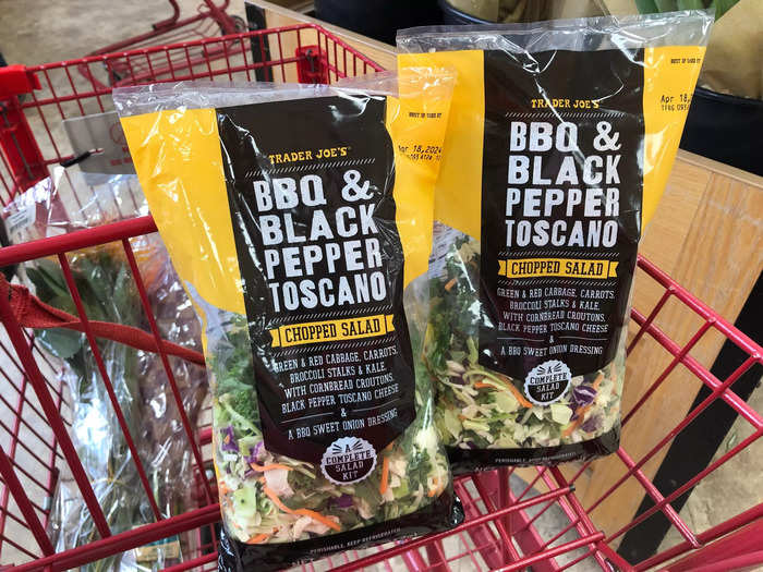 I never leave without at least two bags of the BBQ-and-black-pepper Toscano chopped salad.