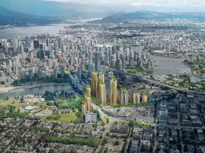 This rendering of the Sen̓áḵw development under construction in Vancouver shows what it'll look like when completed.