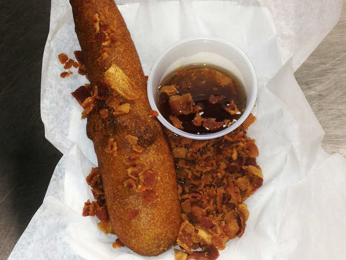 Double Bacon Corndog: "Bacon-wrapped hot dog dipped in a corndog batter blended with real bacon bits then deep fried."