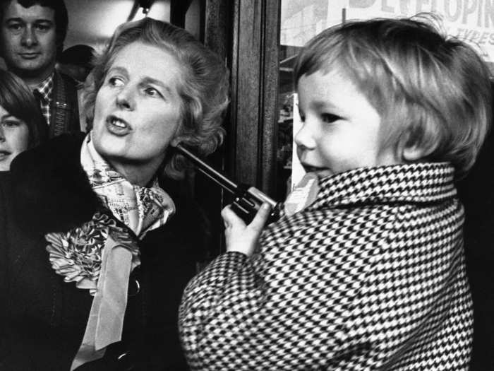 Then-Conservative Party Leader Margaret Thatcher chats with a gun-toting four-year-old in 1976.
