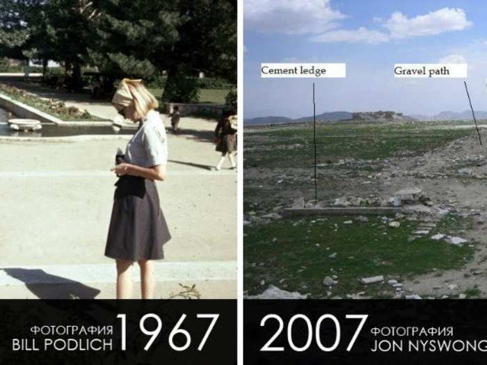 On the left is a picture showing the photographer's daughter in a pleasant park. On the right is that same park 40 years later.