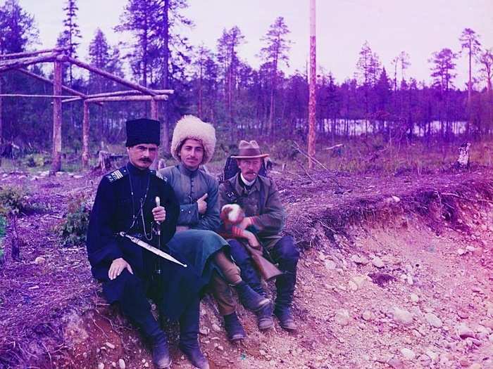 Here is Sergei Mikhailovich Prokudin-Gorskii himself (on the left) sitting with two men in Cossak dress.
