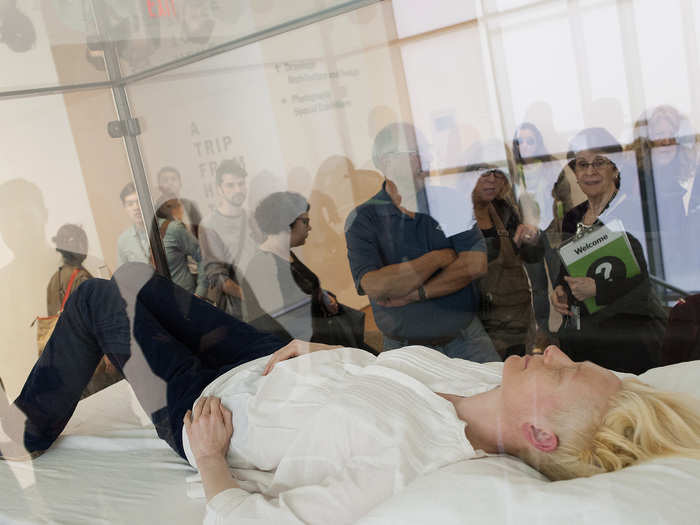 Actress Tilda Swinton partook in a piece of performance art called "The Maybe," when she slept in a glass box at New York's Museum of Modern Art last March. Swinton would appear at various times and places throughout the museum.