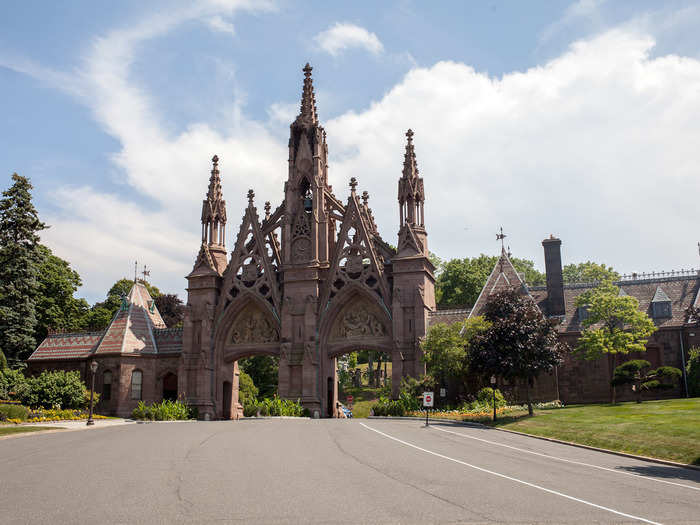 This is the entrance to Green-Wood Cemetery, which lies at the edge of Park Slope. The gates were designed in a Gothic Revival style.