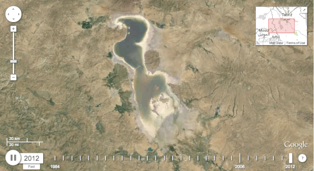 Only 5% of the water that used to fill Lake Urmia in Iran remains, due to a combination of global warming, irrigation practices, and the depletion of groundwater supplies. The country now