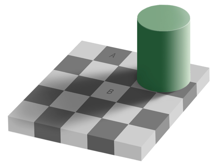 Checker shadow illusion: Tiles A and B are the same color!