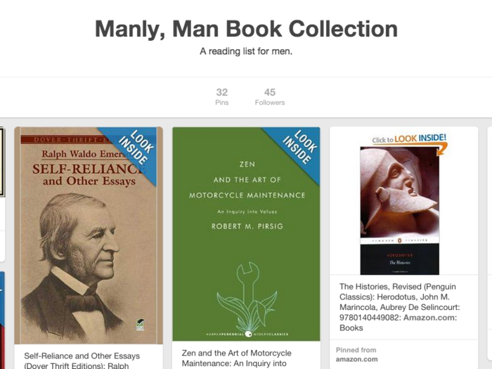 More and more people are turning to Pinterest to keep track of their reading list — people pin 14 million articles each day. It's also a good place to keep track of books, like Jeff Kauffman Jr. does with his "Manly, Man Book Collection" board.