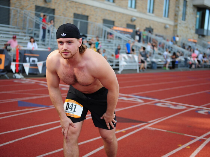 Former college hockey player Joel Rosenberg competed on team 'Aaron Conquers.' He finished the 400M run in 01:00.93.