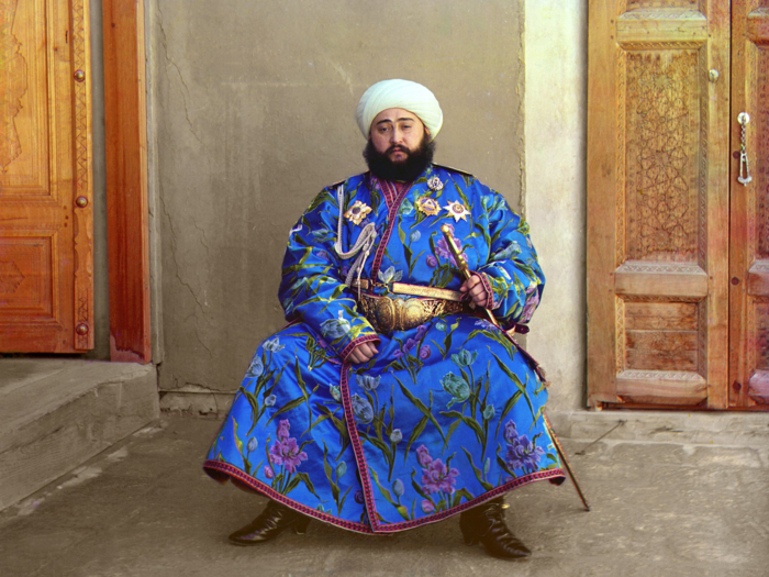 Prokudin-Gorskii took this photograph of Emir Said Mir Mohammed Alim Khan,  the last emir representative to rule the Emirate of Bukhara in Central Asia, in 1911.