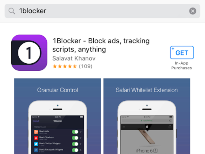 Go to the App Store and search for 1Blocker. Then tap "Get" to install it.