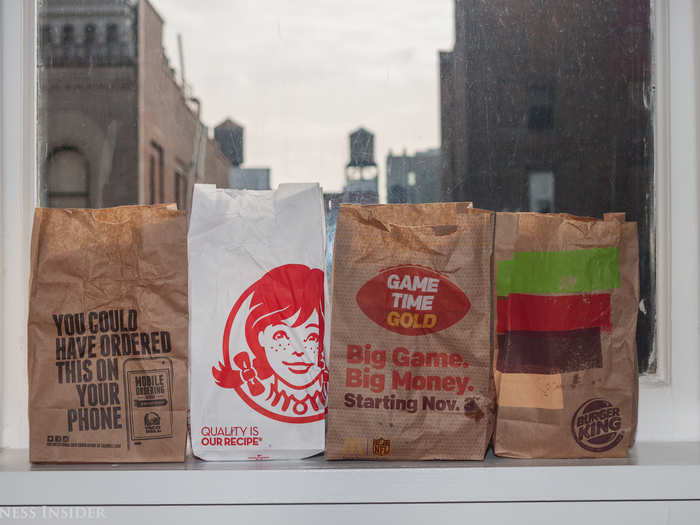 Here's the lineup for our breakfast taste test: Taco Bell, Wendy's, McDonald's, and Burger King.