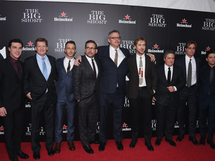 (L-R) Actor Finn Wittrock, Author Michael Lewis, Actor Jeremy Strong, Actor Steve Carell, director Adam McKay, actor Ryan Gosling, Chairman and CEO of Paramount Pictures Brad Grey, and actor Brad Pitt, and Actor John Magaro