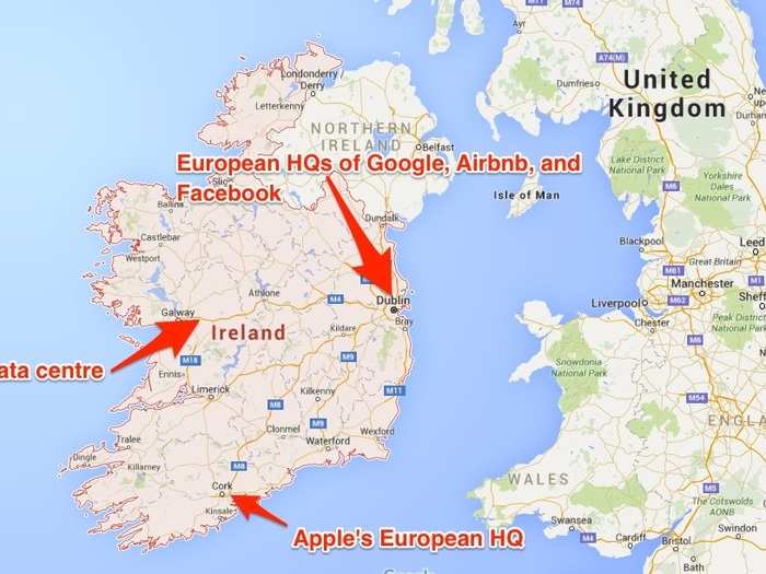 This map shows where Apple's European headquarters are in relation to its proposed data centre and the Irish outposts of other Silicon Valley giants.