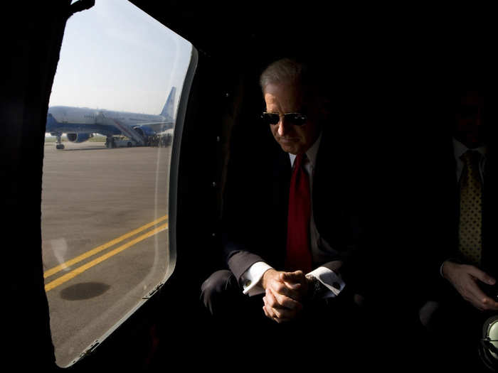 Biden sits in his helicopter before boarding Air Force Two at Pristina Airport in Kosovo, on May 22, 2009.