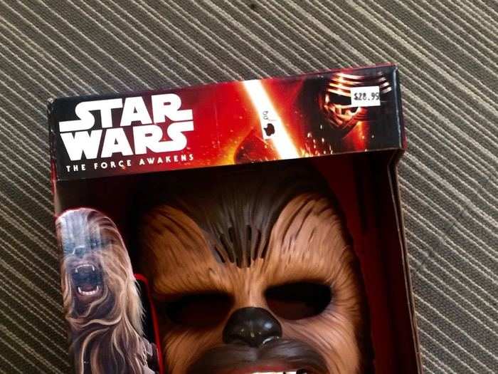 The Chewbacca mask costs just under $30. You can get it at local toy stores like Toys R Us. Ours cost $24.99