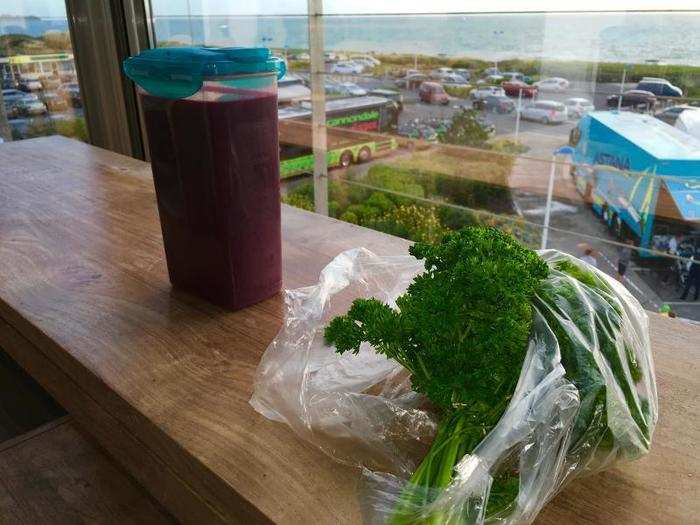 First, there is juice. It has four ingredients: beet, fennel, carrot, and cucumber. The drink is served with an appetizer, both of which are placed on the table ready to eat so that when the hungry riders show up there is zero waiting.