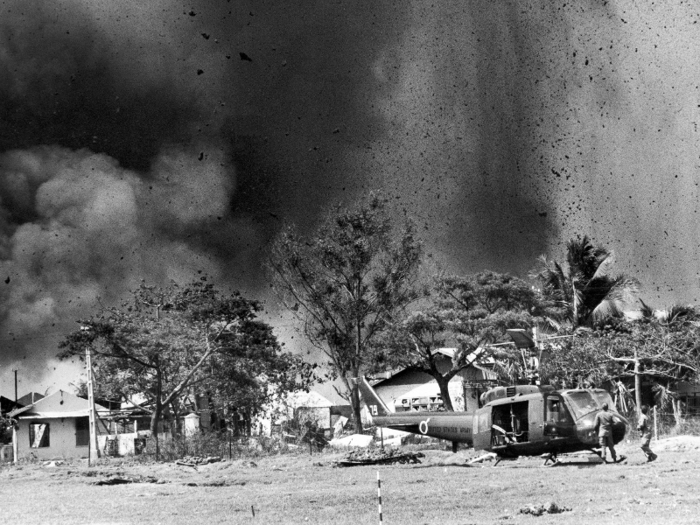Bombs explode in the Cholon section of Saigon, during Mini-Tet offensive, May 1968.