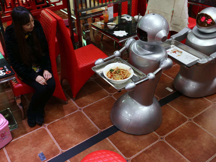 These ten robot waiters serve customers in Chengdu, China, carrying dishes around and giving simple greetings to customers.