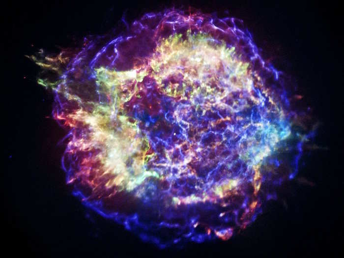 This is a stellar remnant called Cassiopeia A. It's basically the leftover junk from when a massive star exploded 300 years ago. The explosion was so bright that when it went off, about 11,000 light years away, it would have appeared in Earth's sky.