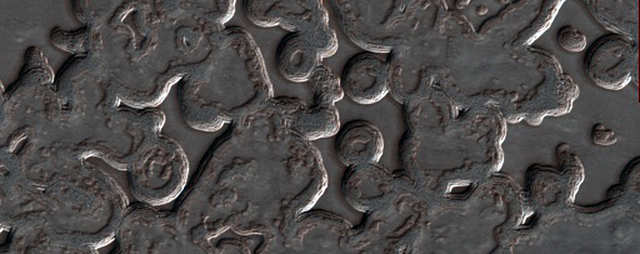 Carbon dioxide that turns from solid to gas carves out these strange shapes at Mars' south pole.