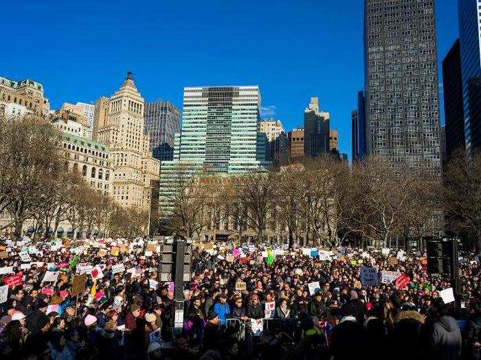 One of the largest of Sunday's protests took place at Battery Park in lower Manhattan, within sight of the Statue of Liberty in New York Harbor, long a symbol of welcome to U.S. shores.