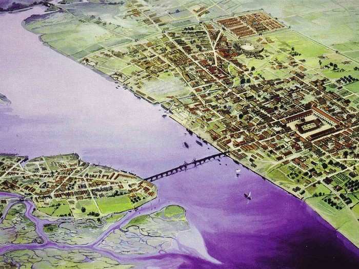 The Romans founded Londinium (now called London) in 43 AD. This artist's illustration of Londinium in 200 AD shows the city's first bridge over the Thames River.