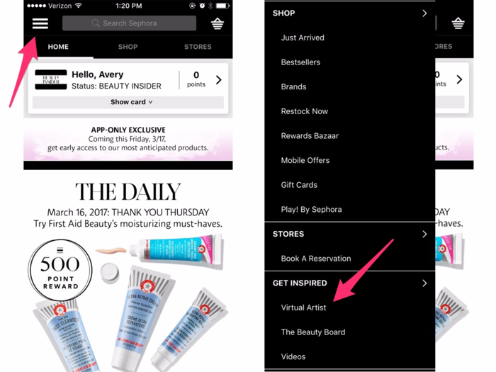 First, you'll need to download the Sephora app. To access the Virtual Artist feature, click on the menu button and scroll down until you see it under the "Get Inspired" tab.