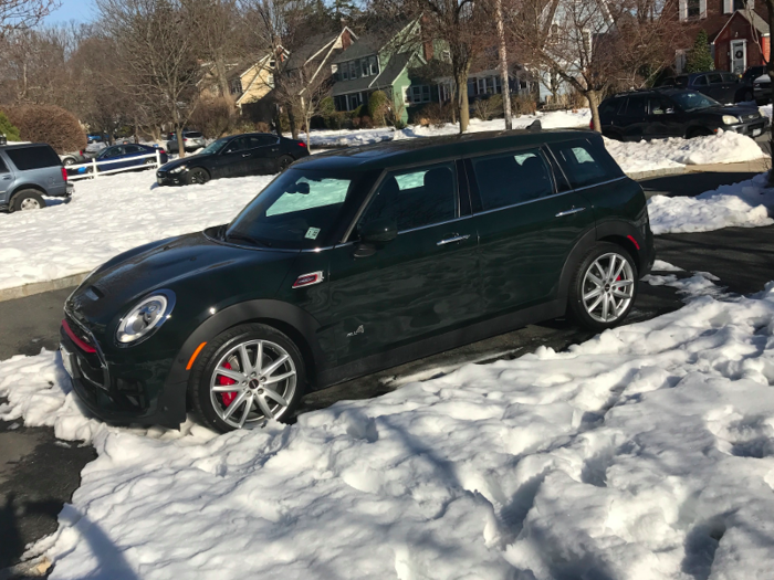 The 2017 John Cooper Works MINI Clubman All4 — Whew! That's a lot of name! — landed in the snowbound driveway of our suburban New Jersey test center before spring sprung. Color: Rebel Green, chaps!