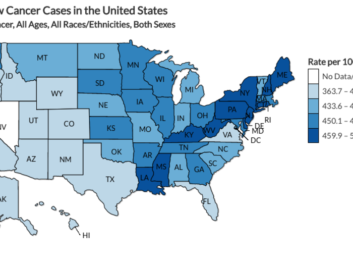 This map looks at the rate of new cancer cases by state per 100,000 people. This is specifically looking at 2013, which is the most recent year available. The darker the color, the higher the rate.