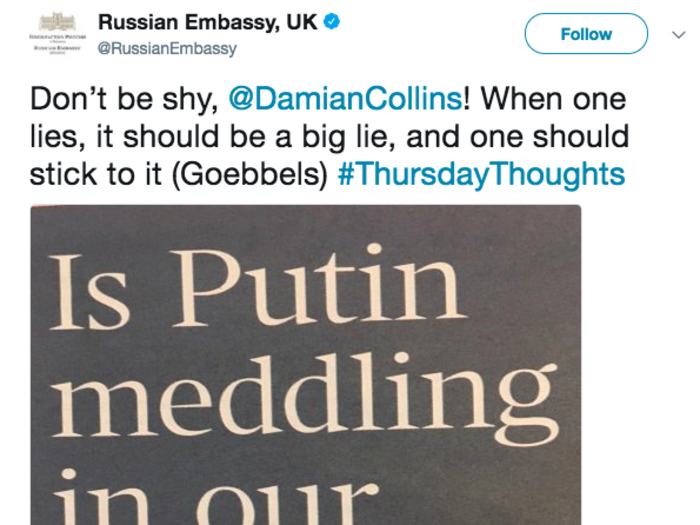The British member of parliament leading the UK investigation into Russian election meddling talked about fake news, and the Russian Embassy egged him on with some #ThursdayThoughts.