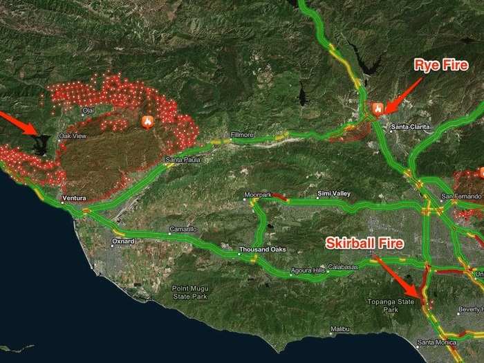 Here are the locations of the major blazes in Los Angeles and Ventura Counties as of Thursday morning.