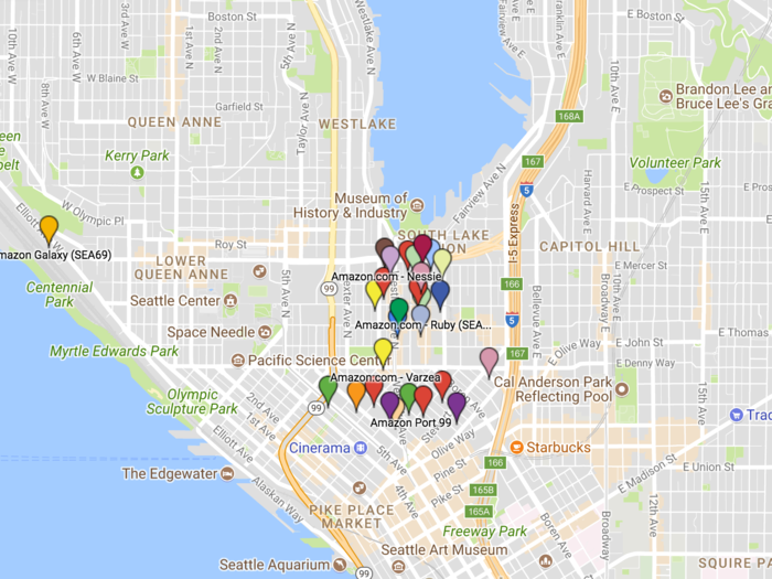 In the '90s,  South Lake Union was a mess of parking lots, warehouses, and industrial buildings. Amazon has transformed the neighborhood and its surrounding areas — Belltown and Denny Triangle. Each of those pins on the map is an Amazon office.