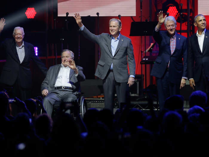 Former Presidents Barack Obama, Bill Clinton, George W. Bush, George H.W. Bush, and Jimmy Carter joined each other on stage at the opening of a hurricanes relief concert in College Station, Texas, in October, 2017.