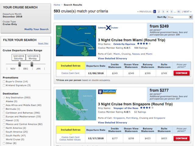 The system of searching for a cruise is straightforward: you can search by any destination and month and sort them by price, rating, and duration.