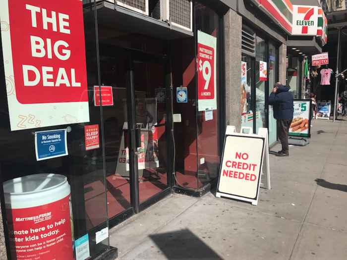 We visited a Mattress Firm store in Manhattan's Tribeca neighborhood. From the outside of the store, the focus was on luring you in with deals and financing options.