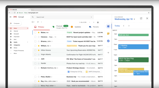 A huge component of Google's redesign is Gmail's integration with other Google apps, like Calendar, Keep, and Tasks, which can now be accessed via a side panel in the web version.