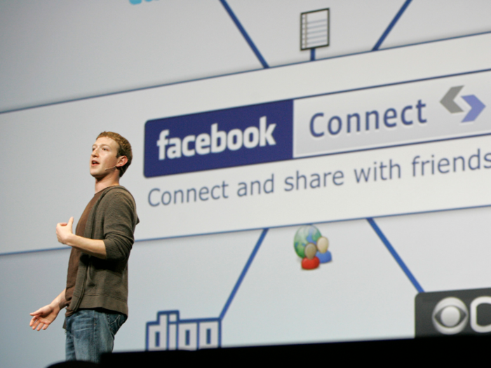 Here's Zuckerberg back in 2008 at Facebook's second annual F8 event. This was during the hoodie years — and check out those jeans!