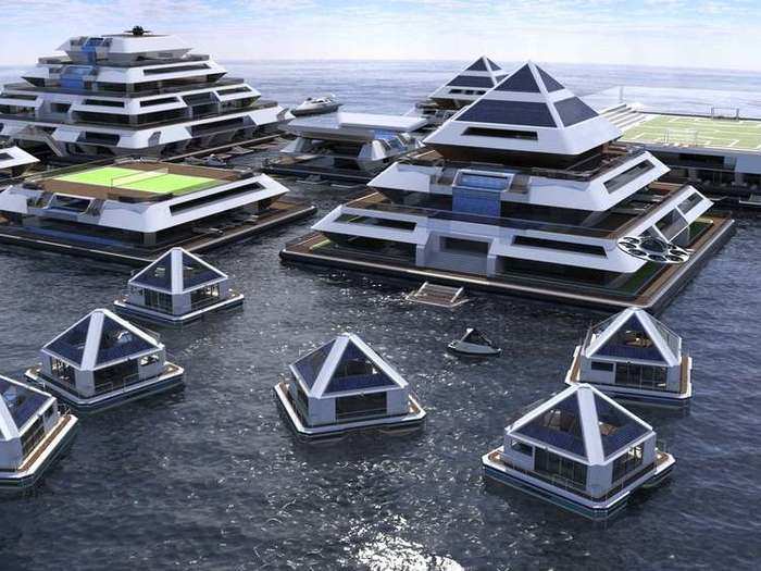 Lazzarini Design Studio envisions Wayaland as a city of 20 floating pyramids.