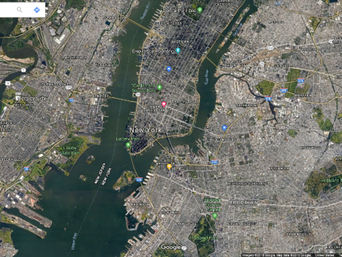 First, start anywhere in Google Maps, but make sure you're looking at satellite footage (click on the lower left box to switch). I started in New York City.
