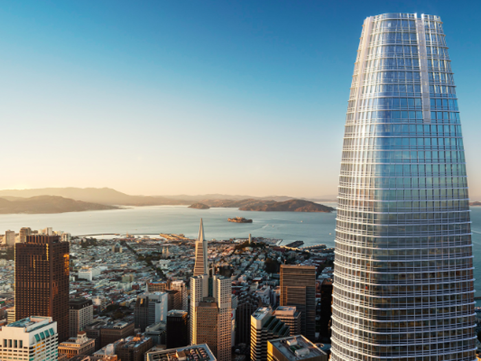 Salesforce Tower rises 61 stories over San Francisco's Transbay district, a downtown center that's starting to get crowded with marquee tech companies including Facebook and LinkedIn.