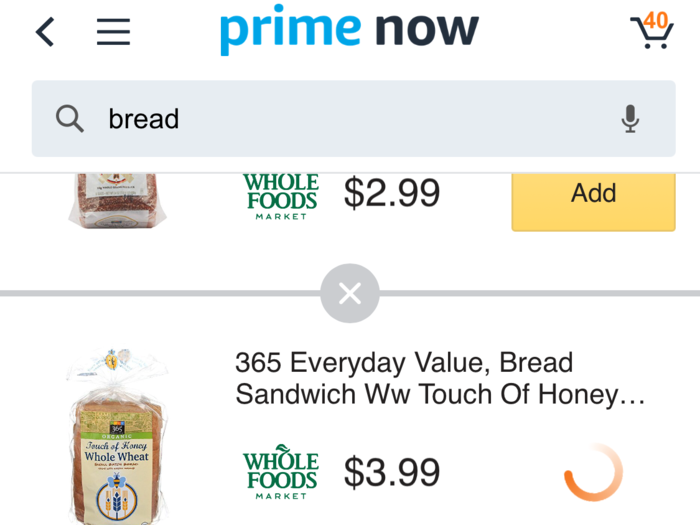 Amazon delivers Whole Foods groceries through its same-day delivery service, Prime Now. I opened the Prime Now app to start my order and found it easy to locate and browse the selection of goods offered at the Whole Foods store closest to us.