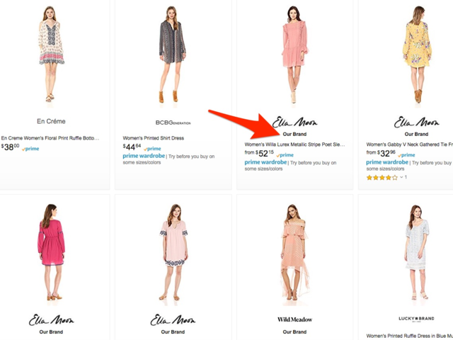 Amazon pointed out which items were from its private-label brands, which have been an area of focus for the company as it grows out its apparel business.