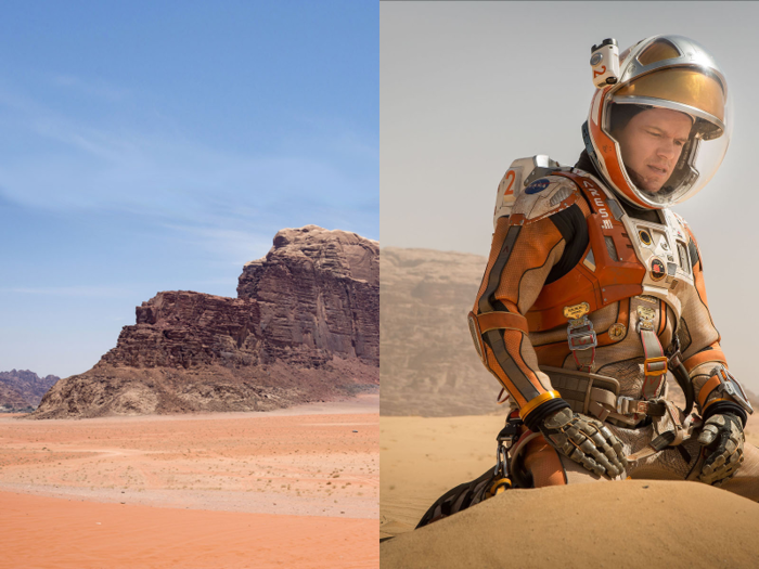 To start with, on the left is an actual photo of Wadi Rum. On the right is a picture of the same rock formation with some visual effects to make it look a bit more like Mars. But as you can see, it's not a stretch.