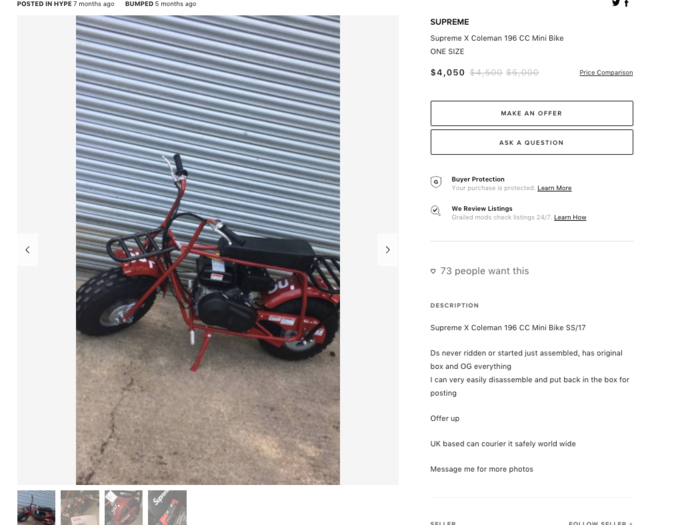 Supreme/Coleman mini bike: $4,050
