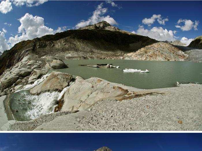 The Rhone Glacier is located in Furka, a mountain pass in Switzerland. The top photo shows what it looks like now. On the bottom, a 2009 photo shows how much ice has vanished in the past nine years.