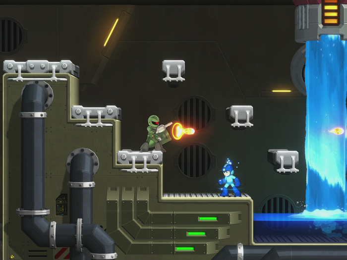 Sniper Joe, an age-old Mega Man enemy, guards the path with his shield and blaster.