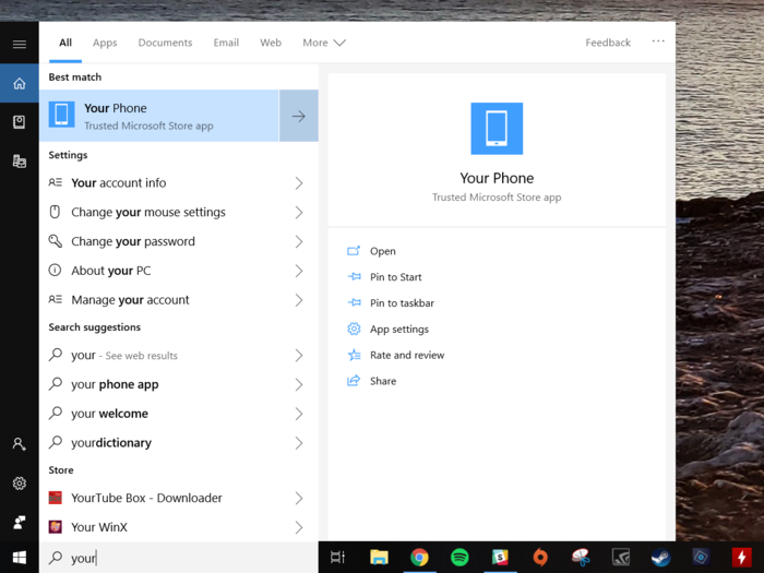 After updating Windows 10 to the latest October 2018 update, search for 'Your Phone' in the search bar next to the Windows Start button.