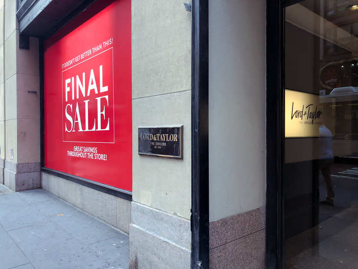 Lord & Taylor's flagship store on Fifth Avenue had massive "final sale" signs in all of the windows outside the store.