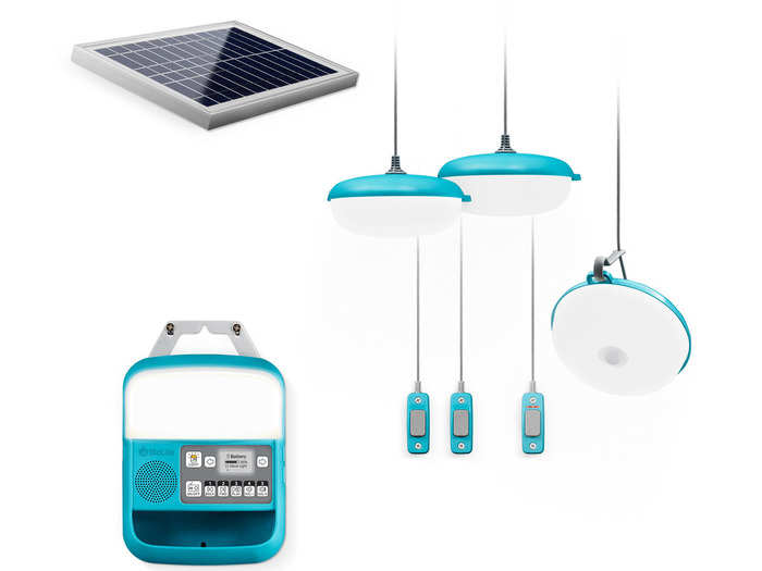 A solar-powered home lighting and radio kit