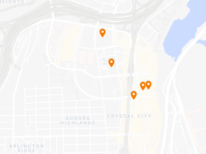 Amazon has locked down two large plots of land in Pentagon City and three existing buildings in the Crystal City and Pentagon City area in Arlington, Virginia. The orange dots are where Amazon will build offices.